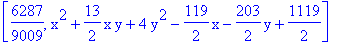 [6287/9009, x^2+13/2*x*y+4*y^2-119/2*x-203/2*y+1119/2]